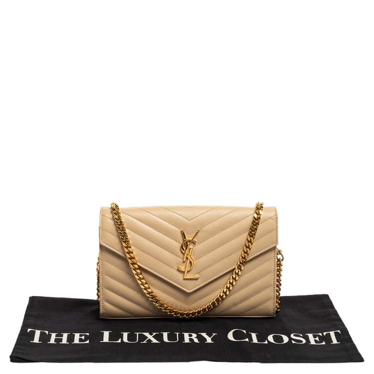 Pre Owned Saint Laurent Beige Matelassé Leather Monogram Envelope Wallet on Chain