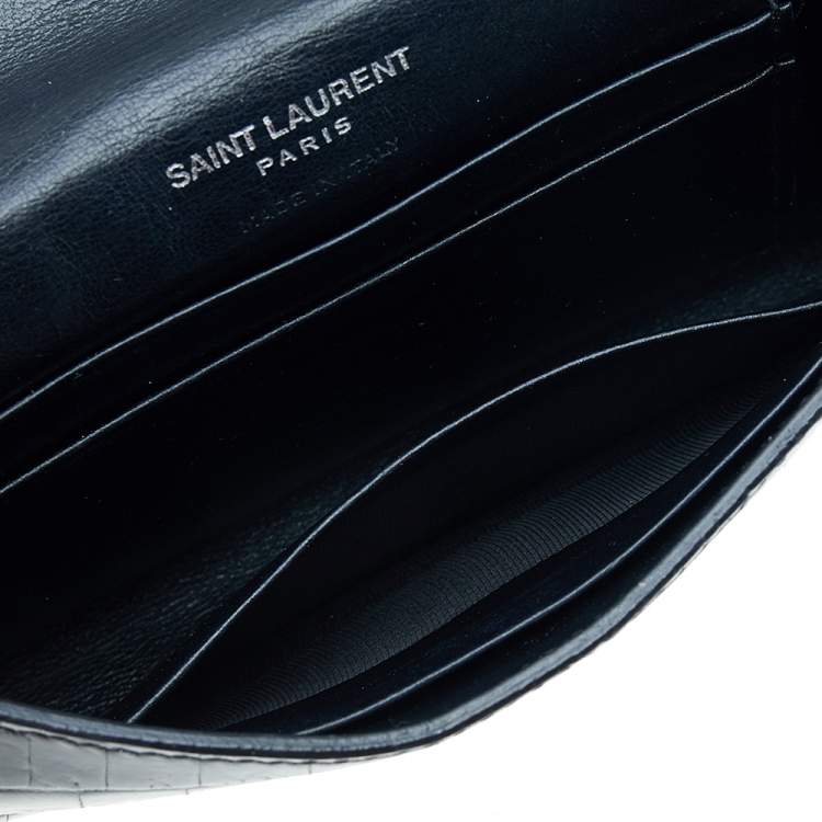 Pre Owned Saint Laurent Black Croc Embossed Leather Monogram Envelope Compact Wallet