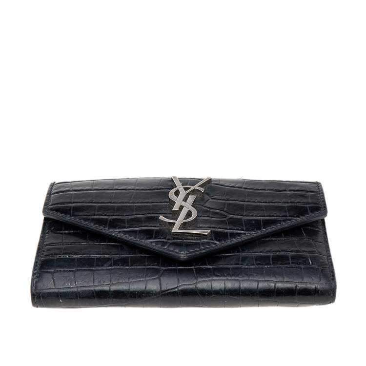 Pre Owned Saint Laurent Black Croc Embossed Leather Monogram Envelope Compact Wallet
