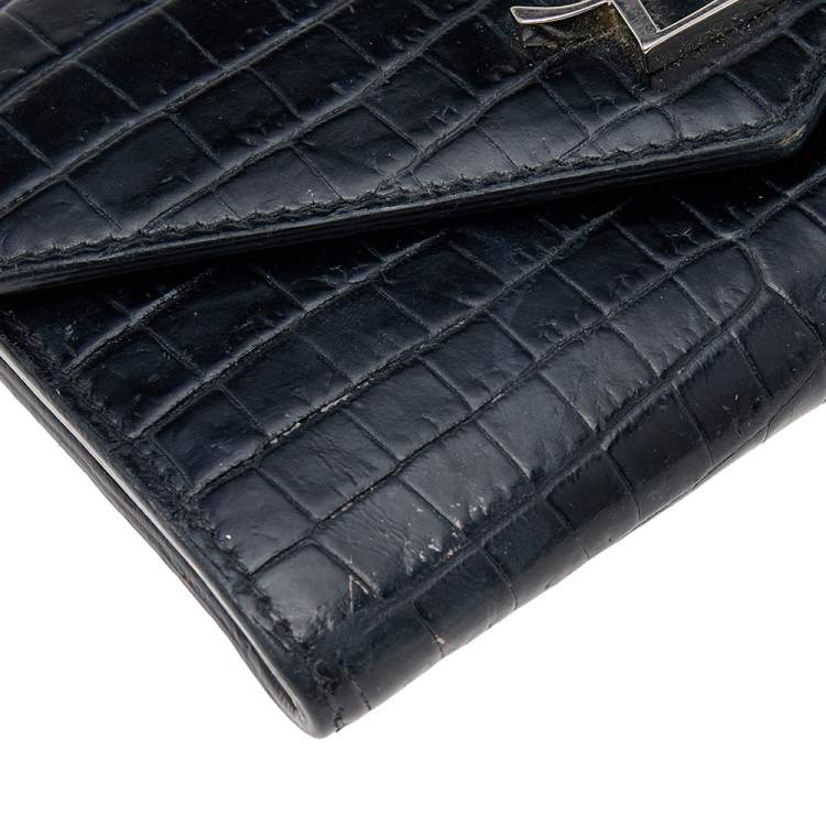 Pre Owned Saint Laurent Black Croc Embossed Leather Monogram Envelope Compact Wallet