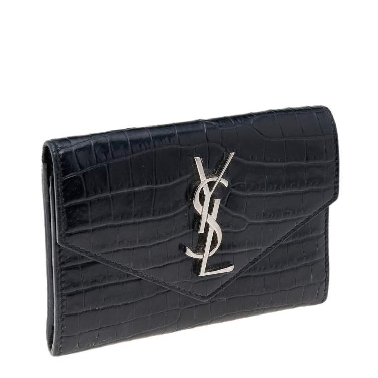 Pre Owned Saint Laurent Black Croc Embossed Leather Monogram Envelope Compact Wallet