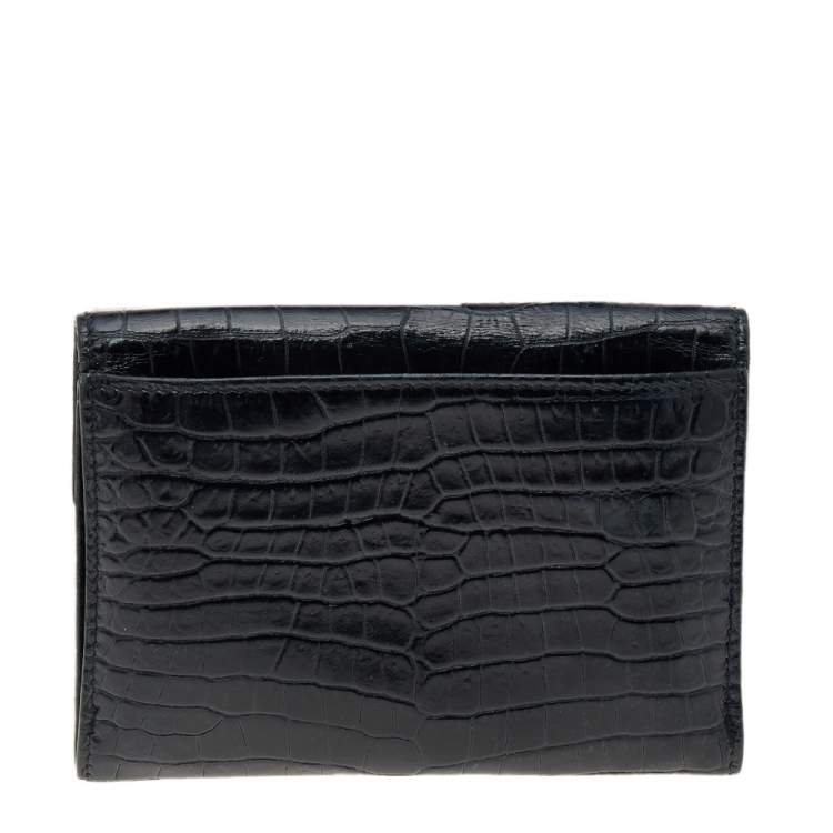Pre Owned Saint Laurent Black Croc Embossed Leather Monogram Envelope Compact Wallet