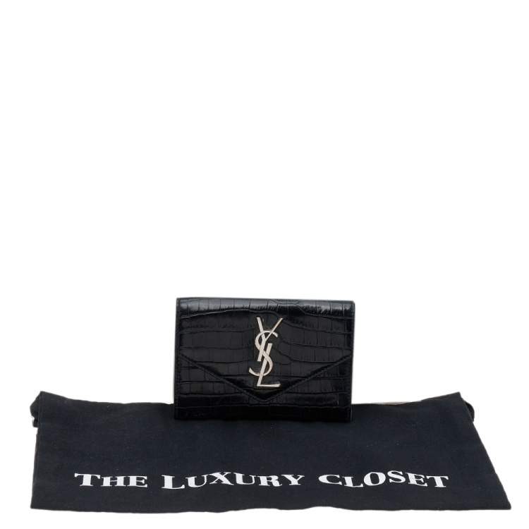 Pre Owned Saint Laurent Black Croc Embossed Leather Monogram Envelope Compact Wallet