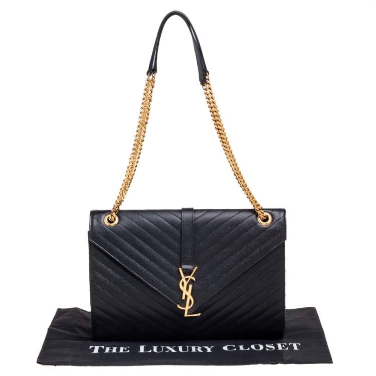 Pre Owned Saint Laurent Black Chevron Quilted Leather Monogram Envelope Shoulder Bag