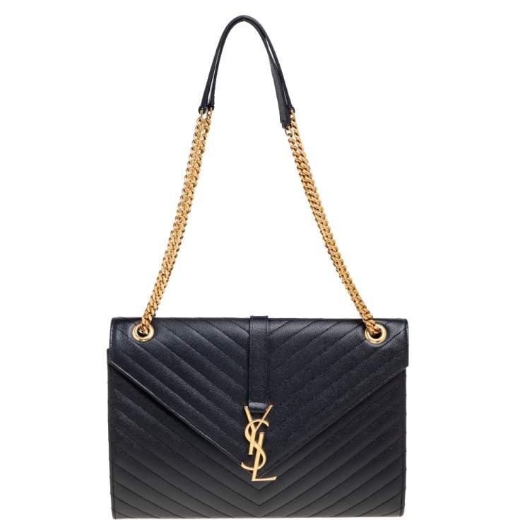Pre Owned Saint Laurent Black Chevron Quilted Leather Monogram Envelope Shoulder Bag