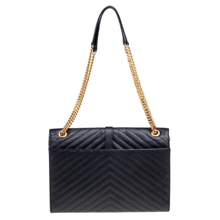 Pre Owned Saint Laurent Black Chevron Quilted Leather Monogram Envelope Shoulder Bag