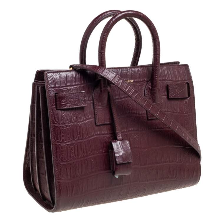 Pre Owned Saint Laurent Burgundy Croc Embossed Leather Baby Classic Sac De Jour Tote