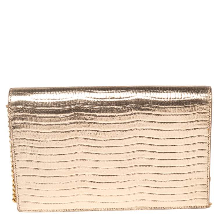 مملوكة مسبقًا Saint Laurent Gold Lizard Embossed Leather Uptown Wallet on Chain