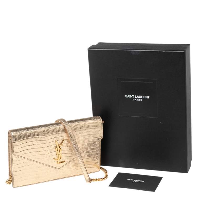 مملوكة مسبقًا Saint Laurent Gold Lizard Embossed Leather Uptown Wallet on Chain