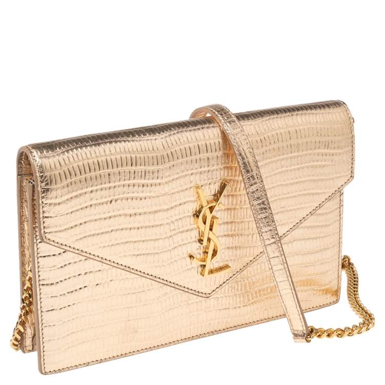 مملوكة مسبقًا Saint Laurent Gold Lizard Embossed Leather Uptown Wallet on Chain