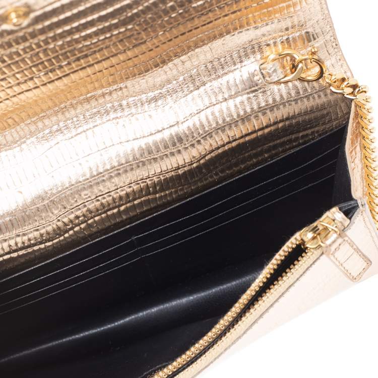 مملوكة مسبقًا Saint Laurent Gold Lizard Embossed Leather Uptown Wallet on Chain