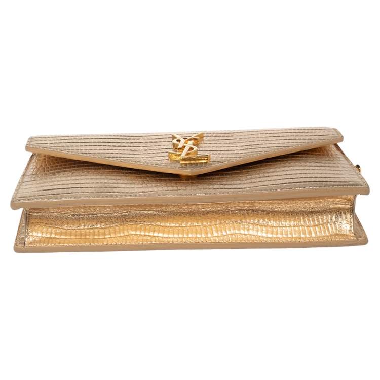 مملوكة مسبقًا Saint Laurent Gold Lizard Embossed Leather Uptown Wallet on Chain