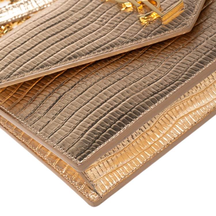 مملوكة مسبقًا Saint Laurent Gold Lizard Embossed Leather Uptown Wallet on Chain