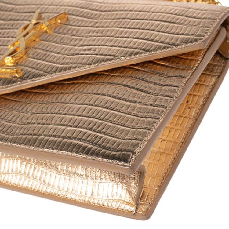 مملوكة مسبقًا Saint Laurent Gold Lizard Embossed Leather Uptown Wallet on Chain