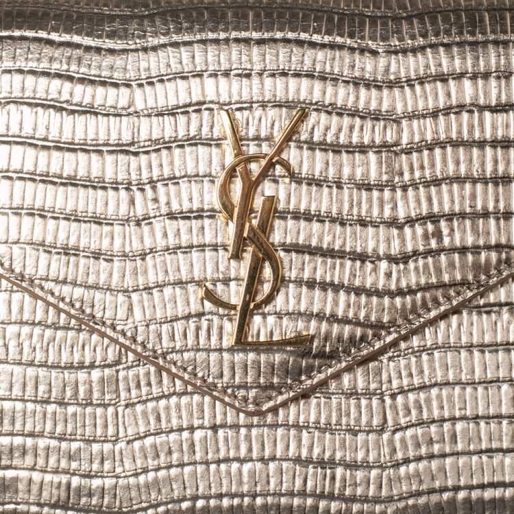 مملوكة مسبقًا Saint Laurent Gold Lizard Embossed Leather Uptown Wallet on Chain