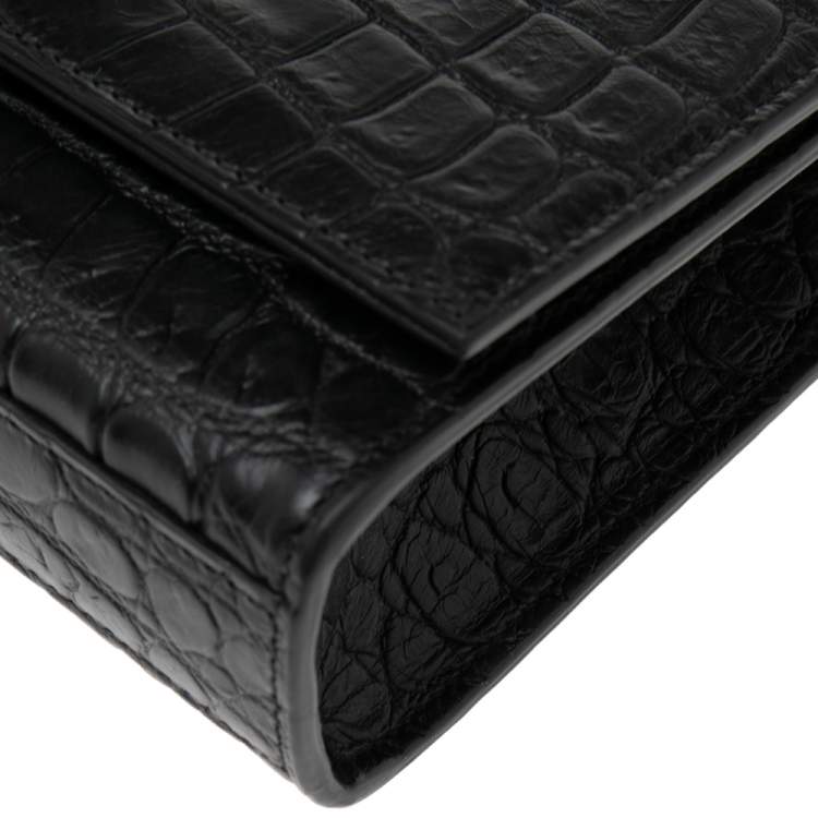 Pre Owned Saint Laurent Black Croc Embossed Leather Medium Kate Shoulder Bag