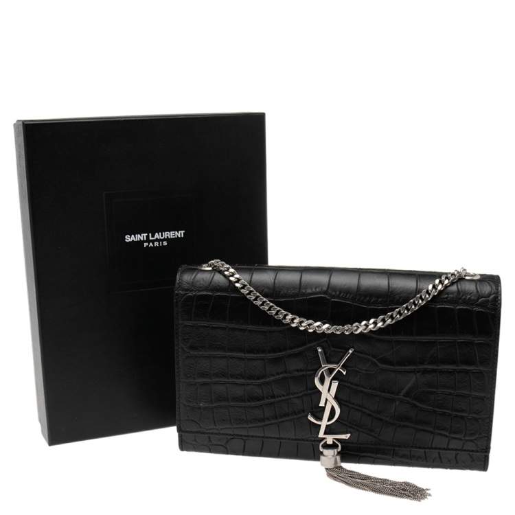 Pre Owned Saint Laurent Black Croc Embossed Leather Medium Kate Shoulder Bag