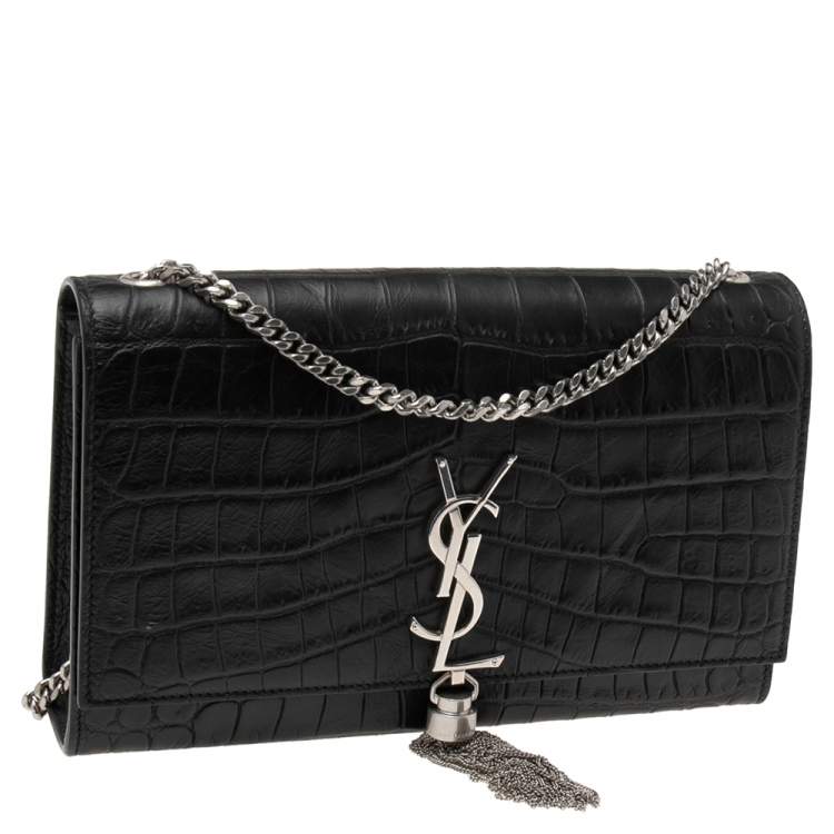 Pre Owned Saint Laurent Black Croc Embossed Leather Medium Kate Shoulder Bag