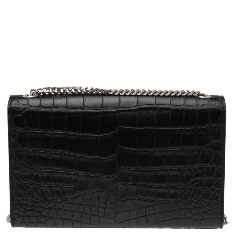 Pre Owned Saint Laurent Black Croc Embossed Leather Medium Kate Shoulder Bag