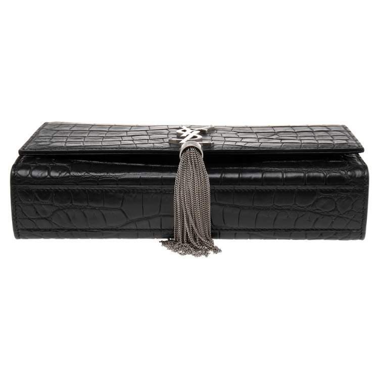 Pre Owned Saint Laurent Black Croc Embossed Leather Medium Kate Shoulder Bag