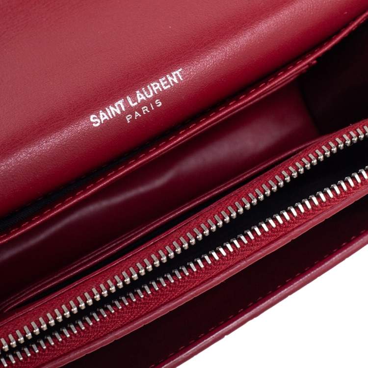 Pre Owned Saint Laurent Burgundy Croc Embossed Leather Medium Sunset Shoulder Bag