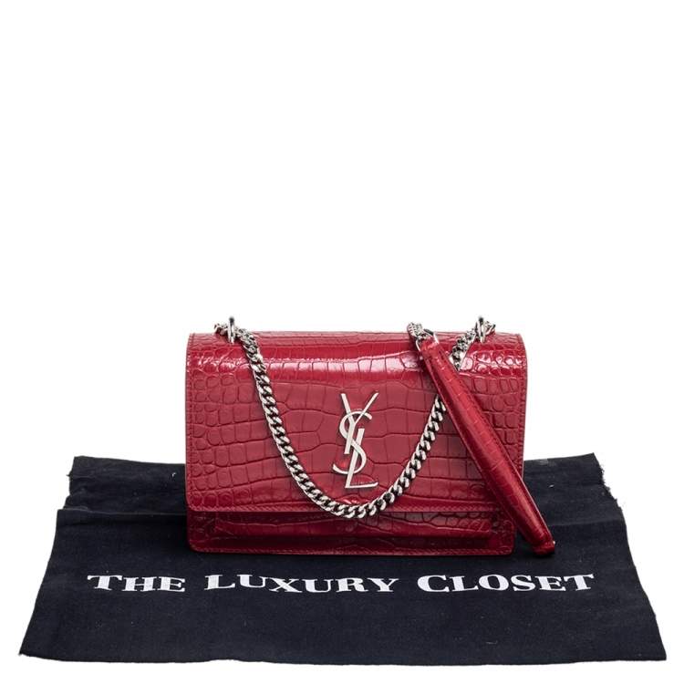 Pre Owned Saint Laurent Burgundy Croc Embossed Leather Medium Sunset Shoulder Bag