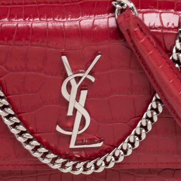 Pre Owned Saint Laurent Burgundy Croc Embossed Leather Medium Sunset Shoulder Bag