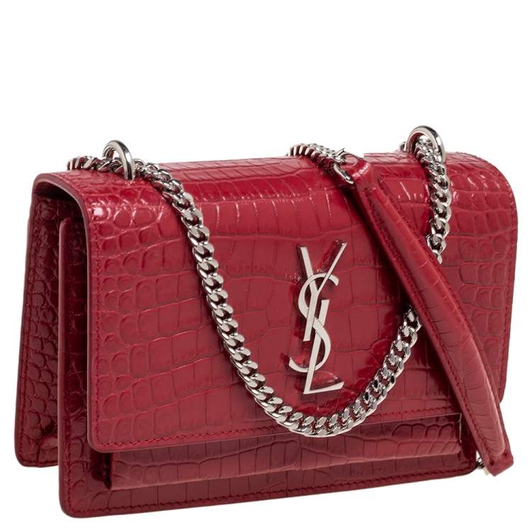 Pre Owned Saint Laurent Burgundy Croc Embossed Leather Medium Sunset Shoulder Bag