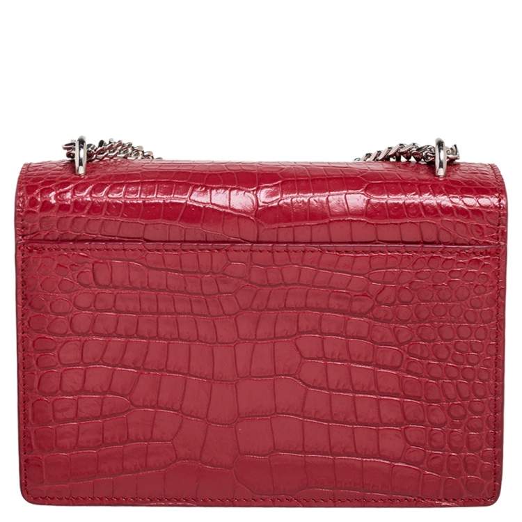 Pre Owned Saint Laurent Burgundy Croc Embossed Leather Medium Sunset Shoulder Bag