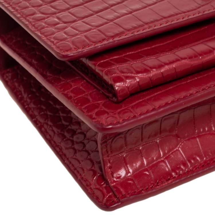 Pre Owned Saint Laurent Burgundy Croc Embossed Leather Medium Sunset Shoulder Bag