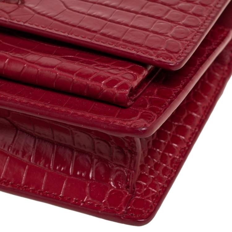 Pre Owned Saint Laurent Burgundy Croc Embossed Leather Medium Sunset Shoulder Bag