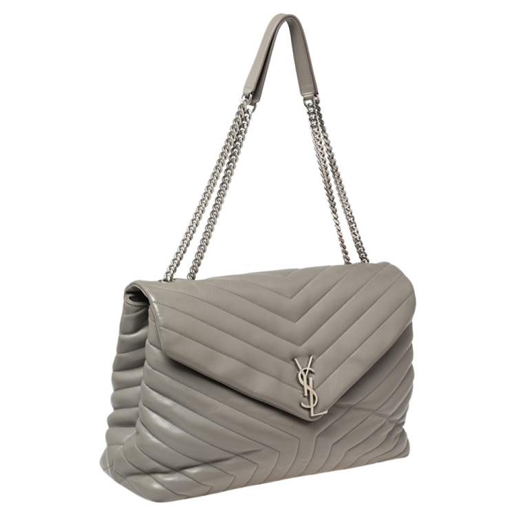 Pre Owned Saint Laurent Grey Matelassé Leather Large Loulou Shoulder Bag