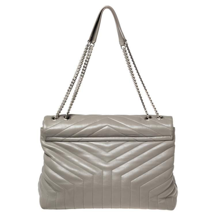 Pre Owned Saint Laurent Grey Matelassé Leather Large Loulou Shoulder Bag