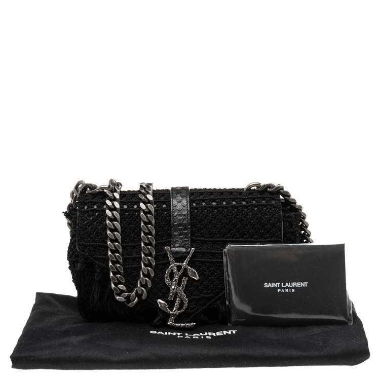 Pre Owned Saint Laurent Black Crochet and Python Embossed Leather Baby Monogram Crossbody Bag