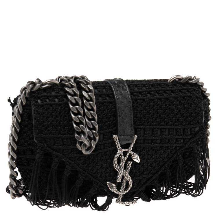 Pre Owned Saint Laurent Black Crochet and Python Embossed Leather Baby Monogram Crossbody Bag