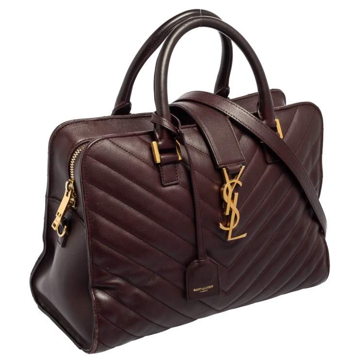 Pre Owned Saint Laurent Burgundy Matelassé Leather Small Monogram Cabas Tote