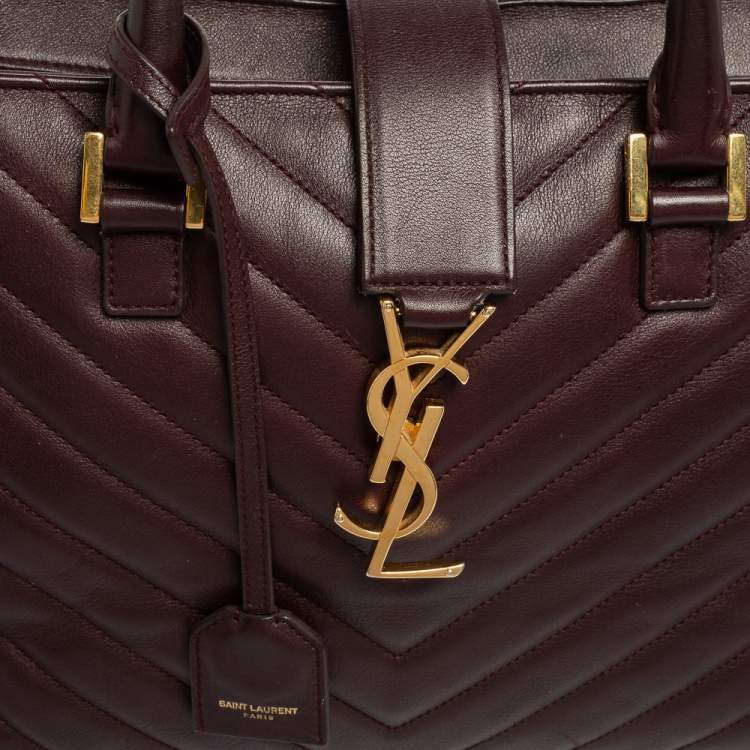 Pre Owned Saint Laurent Burgundy Matelassé Leather Small Monogram Cabas Tote
