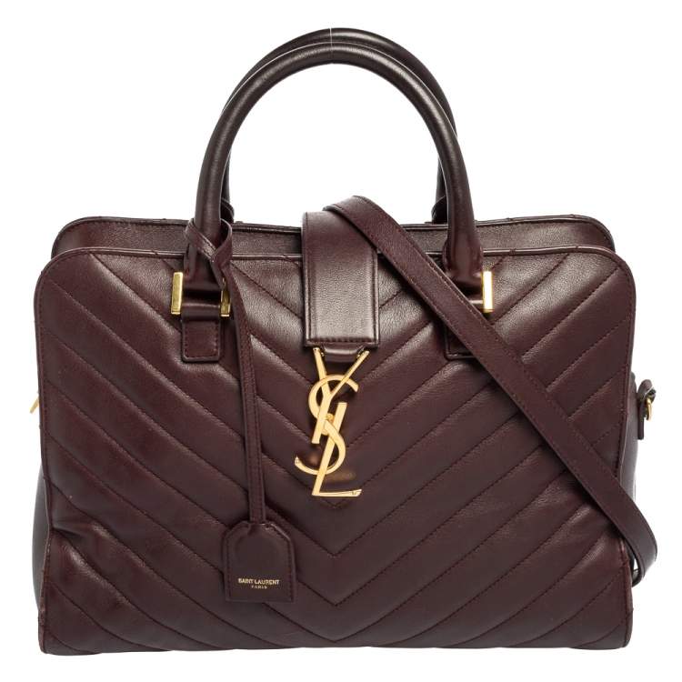 Pre Owned Saint Laurent Burgundy Matelassé Leather Small Monogram Cabas Tote