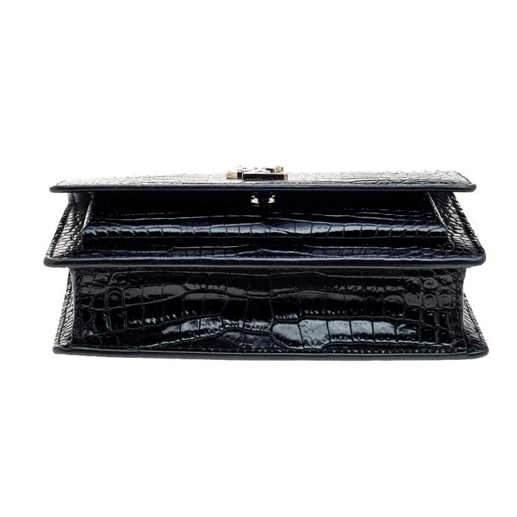 Pre Owned Saint Laurent Black Croc Embossed Leather Sunset Shoulder Bag
