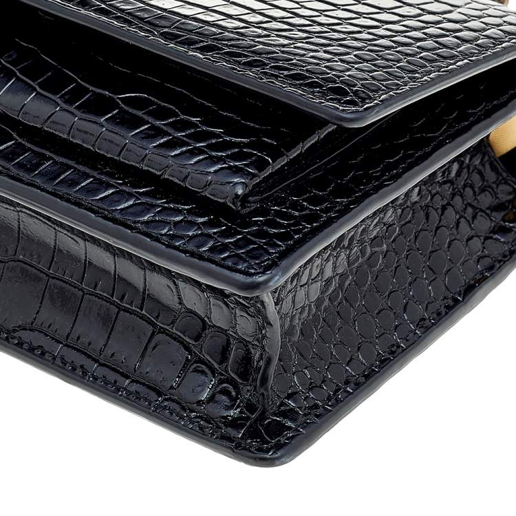 Pre Owned Saint Laurent Black Croc Embossed Leather Sunset Shoulder Bag