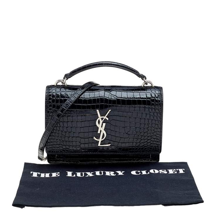 Pre Owned Saint Laurent Black Croc Embossed Leather Sunset Shoulder Bag