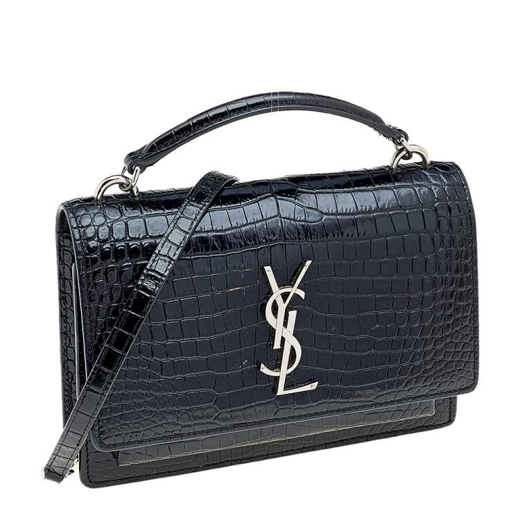 Pre Owned Saint Laurent Black Croc Embossed Leather Sunset Shoulder Bag