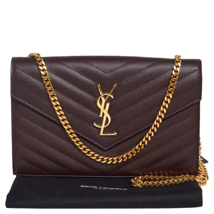 Pre Owned Saint Laurent Burgundy Matelassé Leather Monogram Envelope Wallet on Chain
