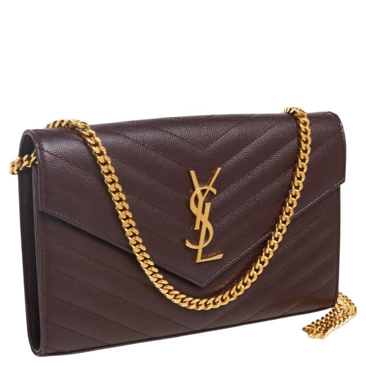 Pre Owned Saint Laurent Burgundy Matelassé Leather Monogram Envelope Wallet on Chain