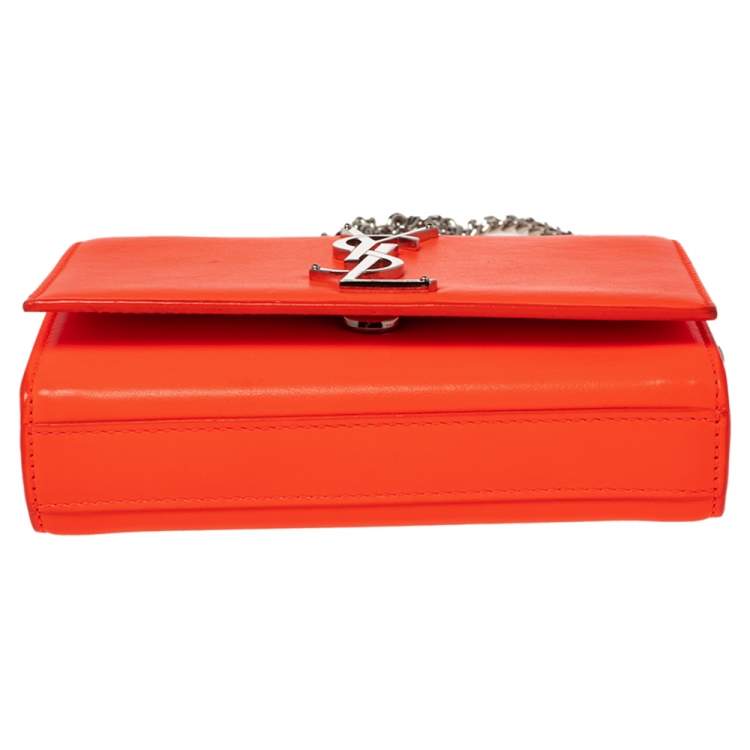 Pre Owned Saint Laurent Neon Orange Leather Kate Monogram Wallet on Chain