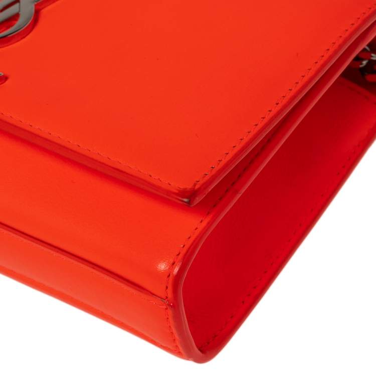 Pre Owned Saint Laurent Neon Orange Leather Kate Monogram Wallet on Chain