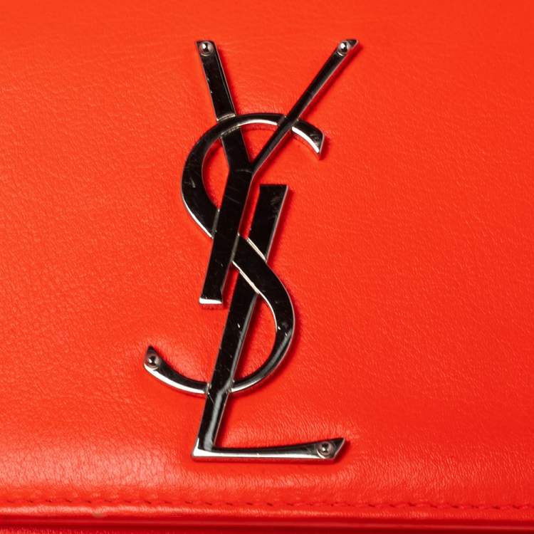 Pre Owned Saint Laurent Neon Orange Leather Kate Monogram Wallet on Chain