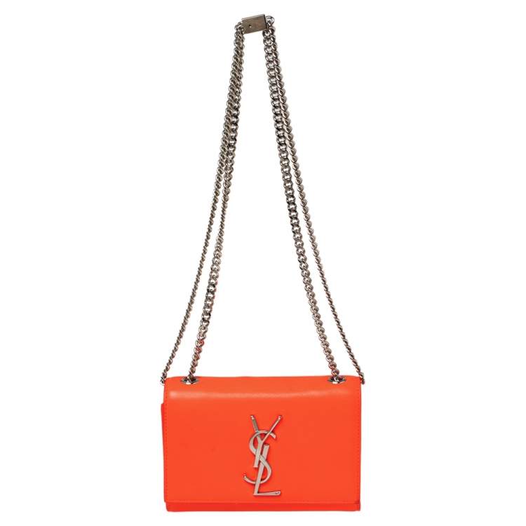 Pre Owned Saint Laurent Neon Orange Leather Kate Monogram Wallet on Chain