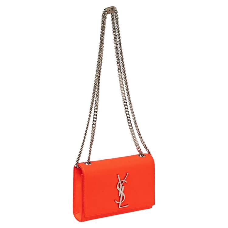 Pre Owned Saint Laurent Neon Orange Leather Kate Monogram Wallet on Chain