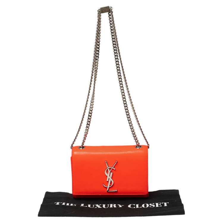 Pre Owned Saint Laurent Neon Orange Leather Kate Monogram Wallet on Chain